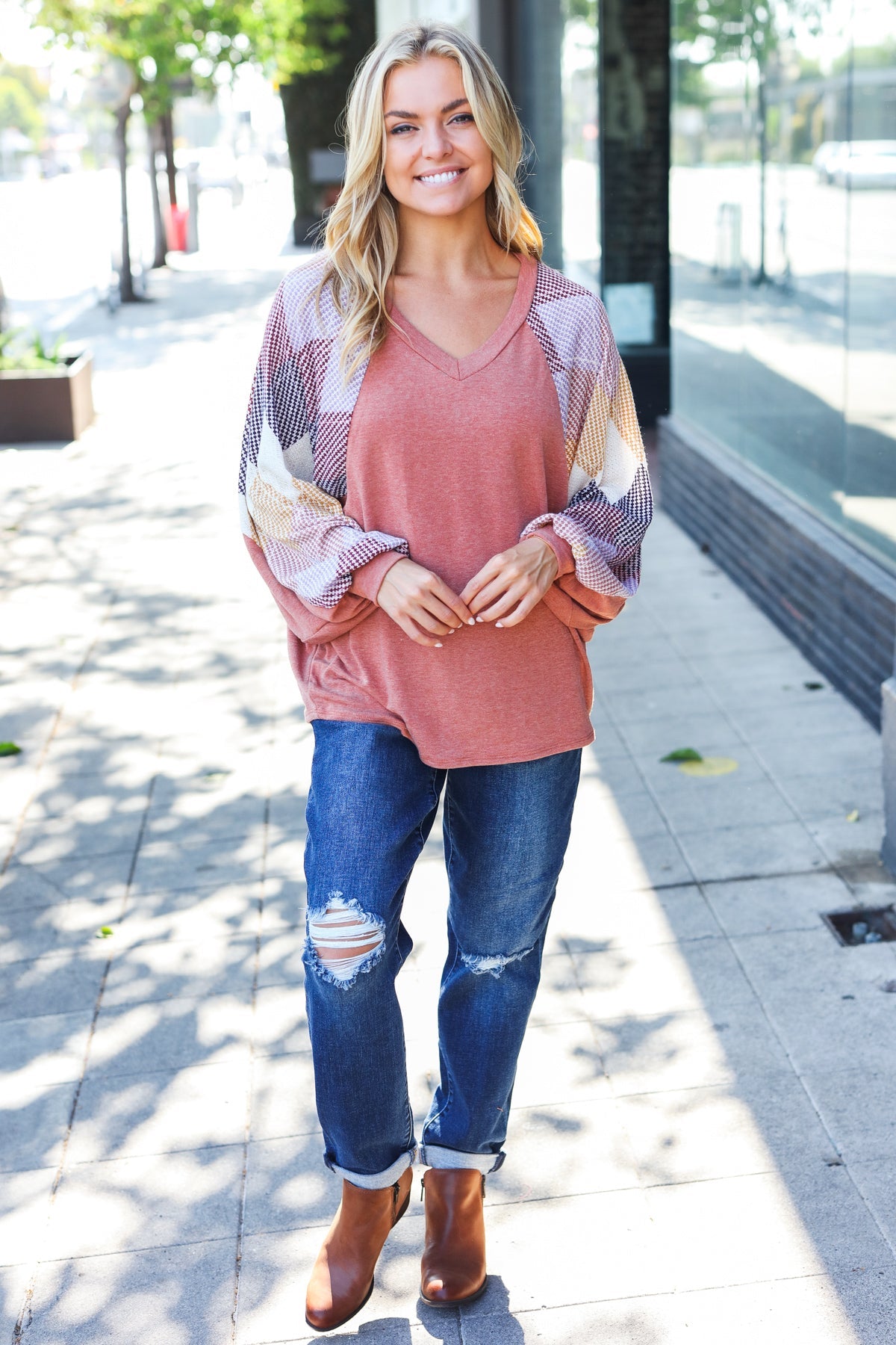 Weekend Ready Rust Argyle Pattern Dolman V Neck Top