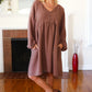 Beautiful You Mocha Woven Waffle V Neck Babydoll Dress