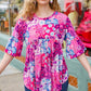 Diva Pink & Blue Floral Print Babydoll Bell Sleeve Top