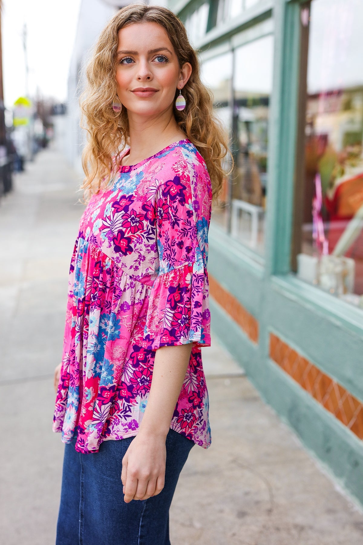 Diva Pink & Blue Floral Print Babydoll Bell Sleeve Top