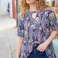 Bold & Sassy Navy Floral Paisley Front Keyhole Tunic Top