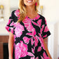 Tropical Vibes Black & Hot Pink Floral V Neck Top