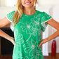 Follow Me Emerald Floral Ric Rac Trim Flutter Sleeve Top