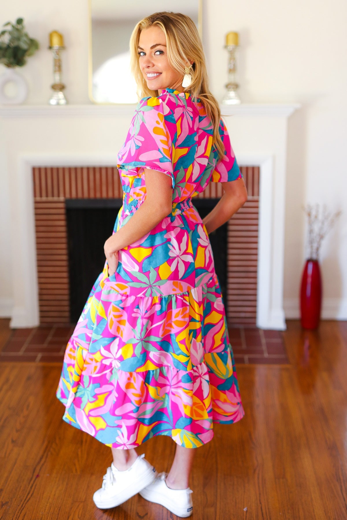 Tropical Trance Fuchsia Floral Smocked Waist Maxi Dress