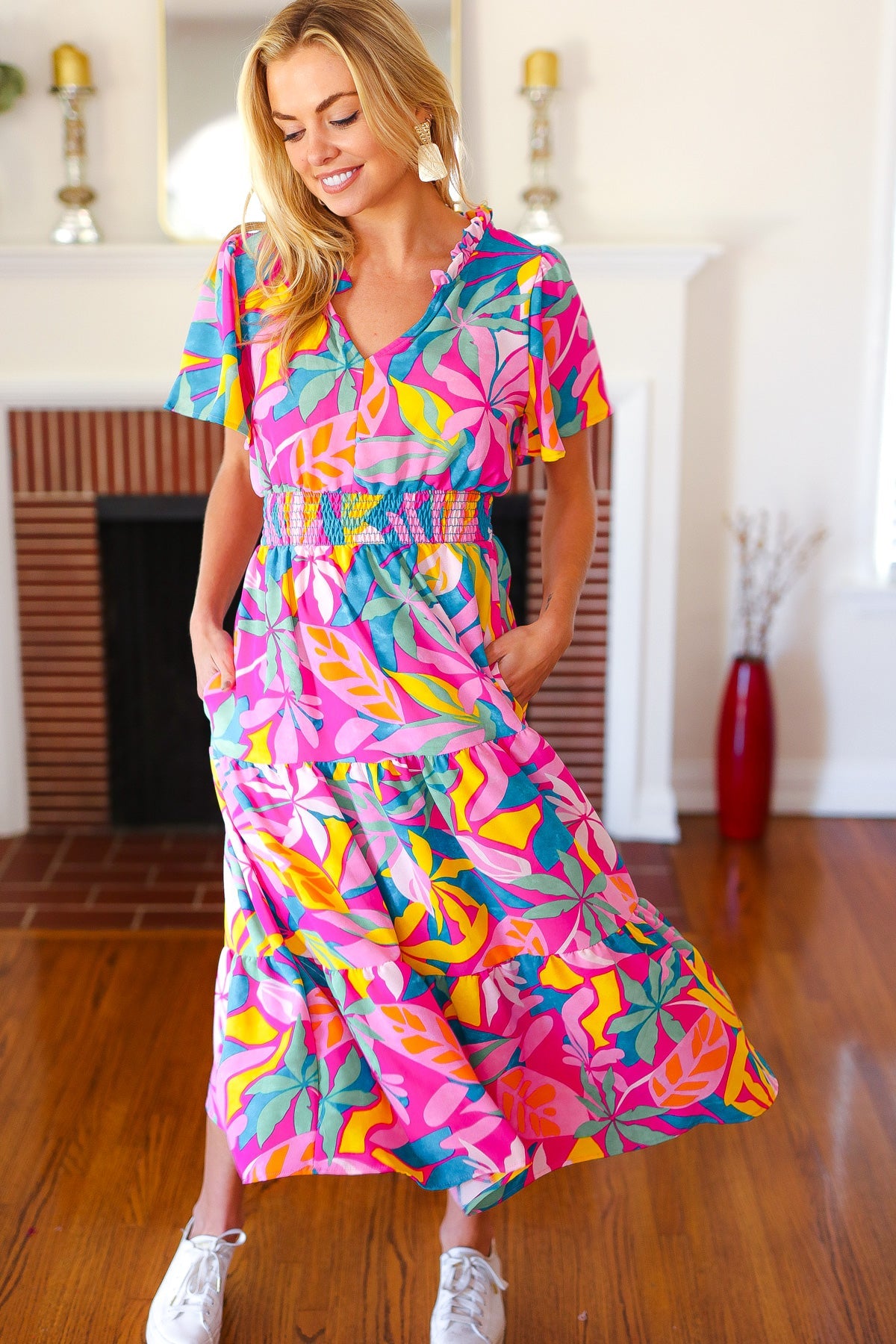 Tropical Trance Fuchsia Floral Smocked Waist Maxi Dress