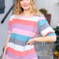 Look Out Teal & Rose Striped Hacci Knit Puff Sleeve Top