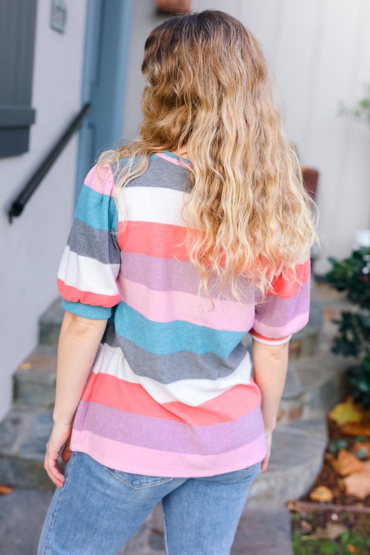 Look Out Teal & Rose Striped Hacci Knit Puff Sleeve Top