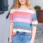 Look Out Teal & Rose Striped Hacci Knit Puff Sleeve Top