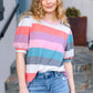 Look Out Teal & Rose Striped Hacci Knit Puff Sleeve Top