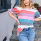 Look Out Teal & Rose Striped Hacci Knit Puff Sleeve Top