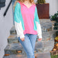 Stand Out Hot Pink & Mint V Neck Collared Terry Color Block Top