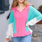 Stand Out Hot Pink & Mint V Neck Collared Terry Color Block Top