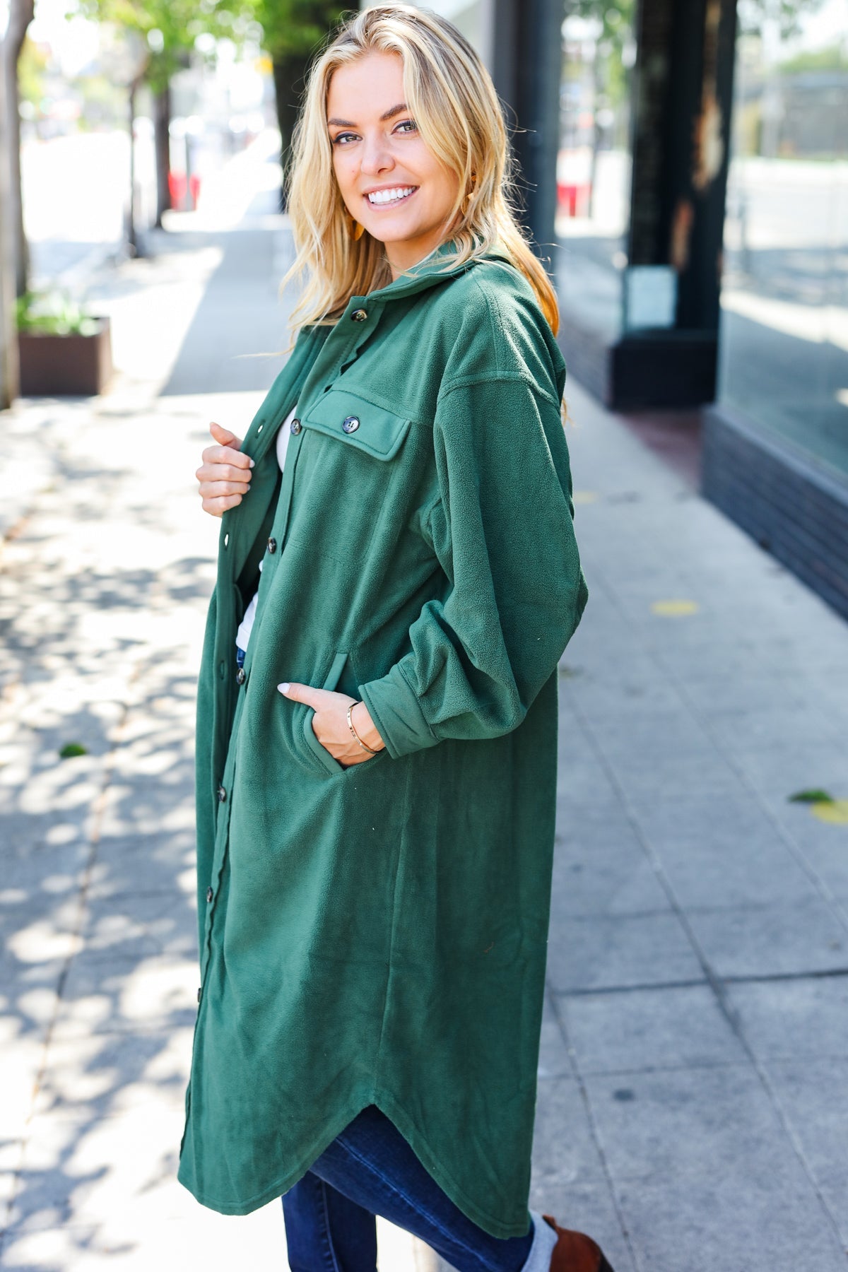 Turn Heads Forest Green Fleece Button Down Duster Jacket