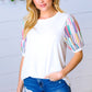 Ivory Multicolor Vertical Stripe Puff Sleeve Top