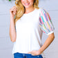 Ivory Multicolor Vertical Stripe Puff Sleeve Top