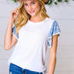 Denim & White Floral Short Flutter Sleeve Top