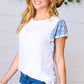 Denim & White Floral Short Flutter Sleeve Top