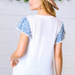 Denim & White Floral Short Flutter Sleeve Top