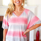 Pink & Grey Tie Dye Stripe Terry V Neck Top