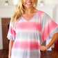 Pink & Grey Tie Dye Stripe Terry V Neck Top