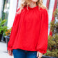 Be Merry Red Frill Mock Neck Crinkle Woven Top