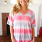 Pink & Grey Tie Dye Stripe Terry V Neck Top