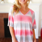 Pink & Grey Tie Dye Stripe Terry V Neck Top