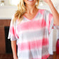 Pink & Grey Tie Dye Stripe Terry V Neck Top