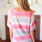 Pink & Grey Tie Dye Stripe Terry V Neck Top