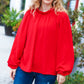 Be Merry Red Frill Mock Neck Crinkle Woven Top