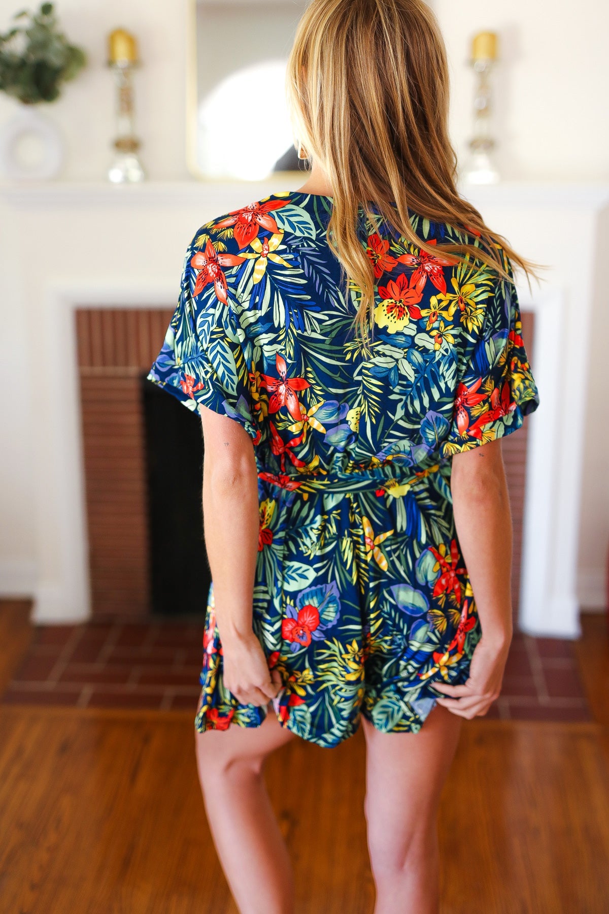 Navy Tropical Floral Surplice Romper