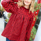 Adorable in Red Gingham Shirred Mock Neck Top