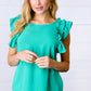 Kelly Green Double Ruffle Sleeve Crinkle Top