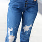 Blue Denim Boyfriend Fit Button Fly Distressed Jeans