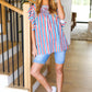 American Red White & Blue Stripe Shirred Yoke Neck Top