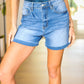 Faded Indigo Rolled Hem High Rise Denim Shorts