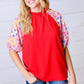 Cardinal Red Frilled Mock Neck Floral Puff Sleeve Top