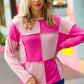 Pink/Blush Checkerboard Outseam Colorblock Sweater Top