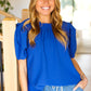 Lovely In Holiday Blue Frill Mock Neck Woven Top