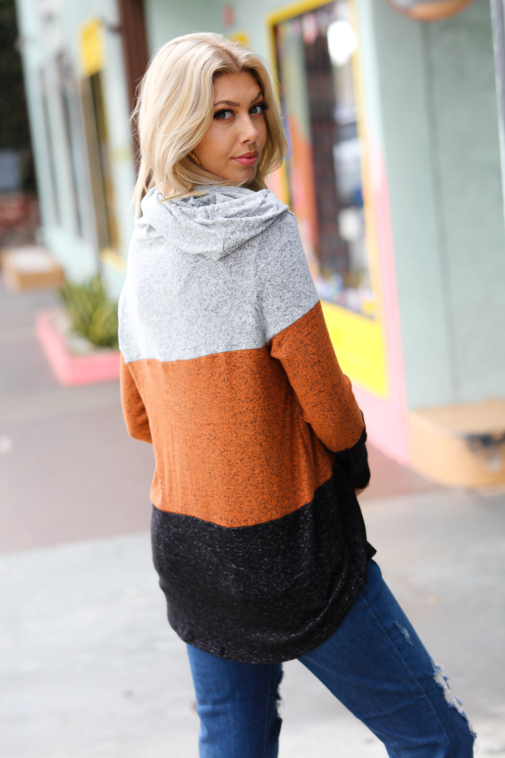 Heather Grey & Rust Color Block Hoodie Top