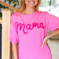 Take A Bow Pink "Mama" Embroidery Puff Sleeve Sweater Top