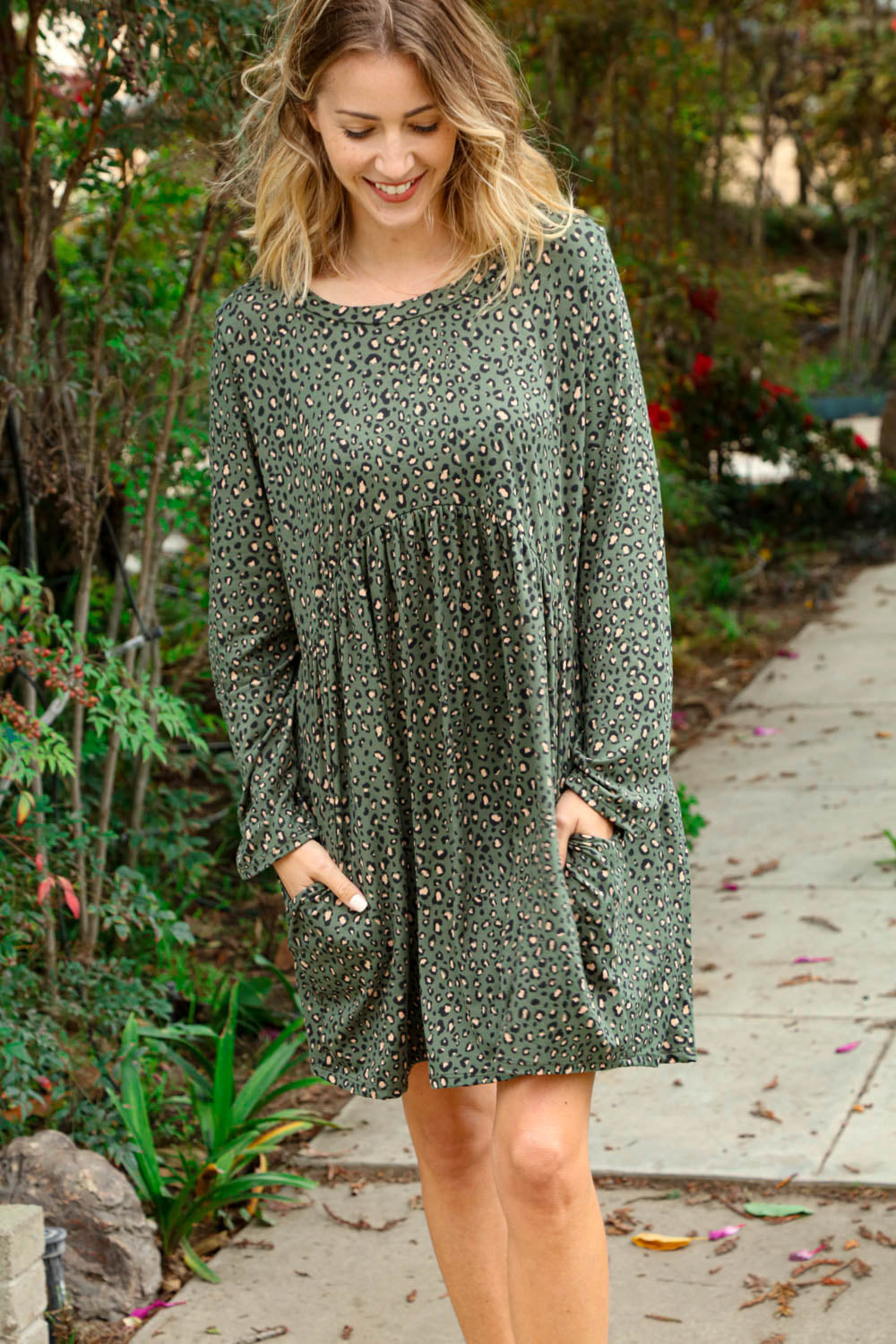 Olive Ditzy Animal Print Pocketed Babydoll Swing Dress