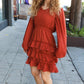 Rust Smocked Waist Tiered Ruffle Lined Dress