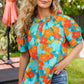 Vacay Ready Blue & Orange Floral Frill Mock Neck Top