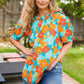 Vacay Ready Blue & Orange Floral Frill Mock Neck Top