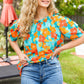 Vacay Ready Blue & Orange Floral Frill Mock Neck Top