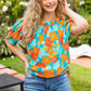 Vacay Ready Blue & Orange Floral Frill Mock Neck Top