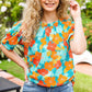 Vacay Ready Blue & Orange Floral Frill Mock Neck Top