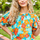 Vacay Ready Blue & Orange Floral Frill Mock Neck Top