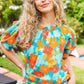 Vacay Ready Blue & Orange Floral Frill Mock Neck Top